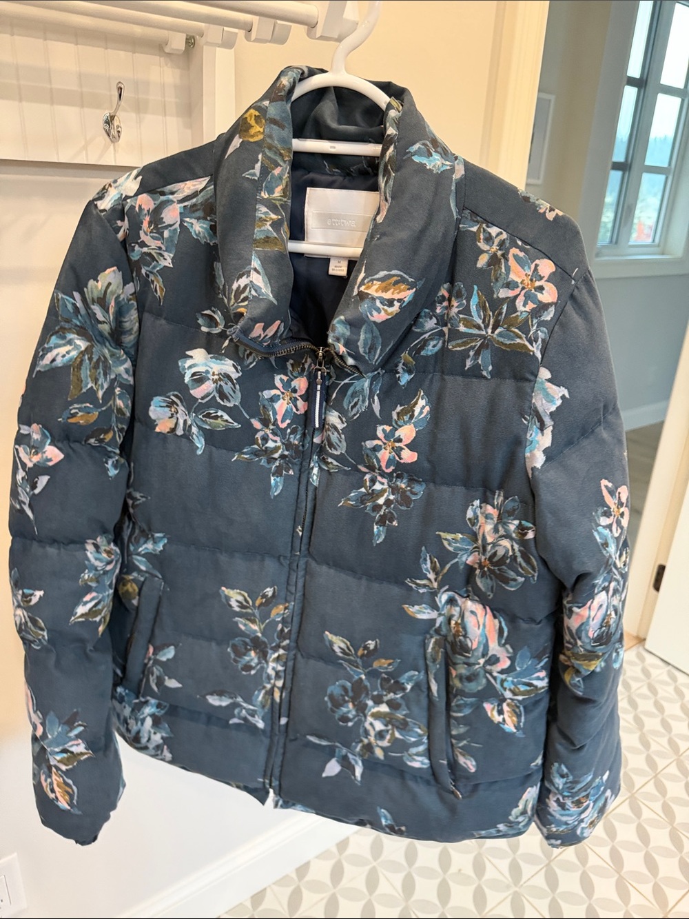 Anthropologie Floral Quilted Puffer Jacket - Blue